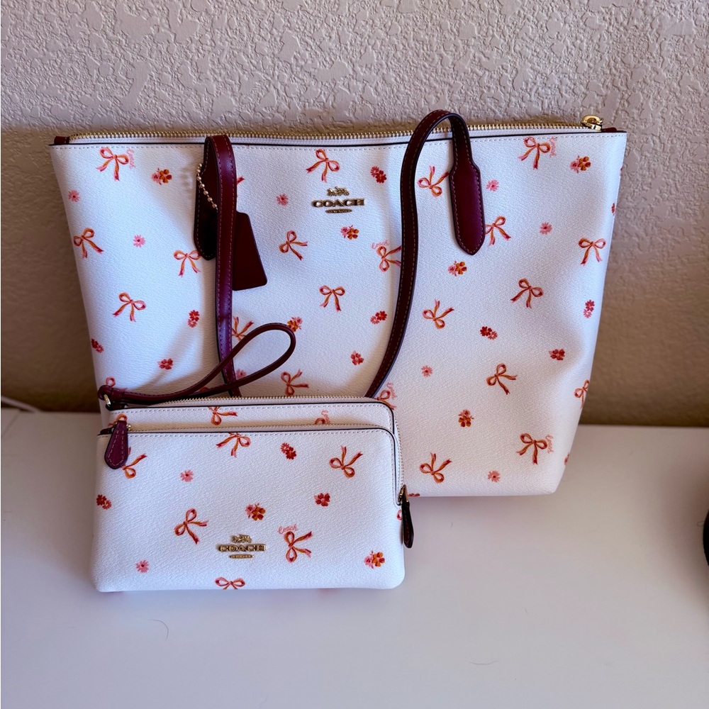 Coach White Tote and Pouch with Red and Pink Accents